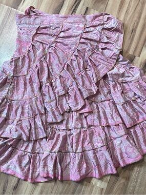 Step In Style 100% Silk Pink Paisley Tiered Ruffle Wrap Skirt Boho Y2K Fairycore